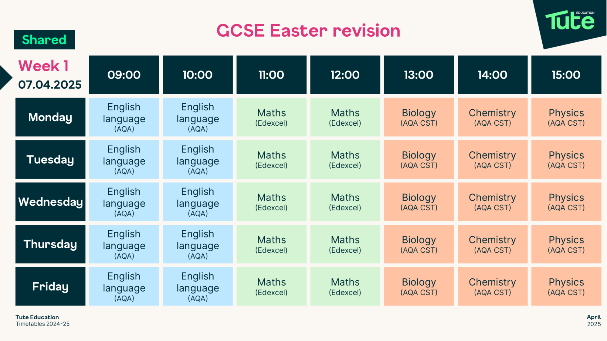 Week 1 timetable 