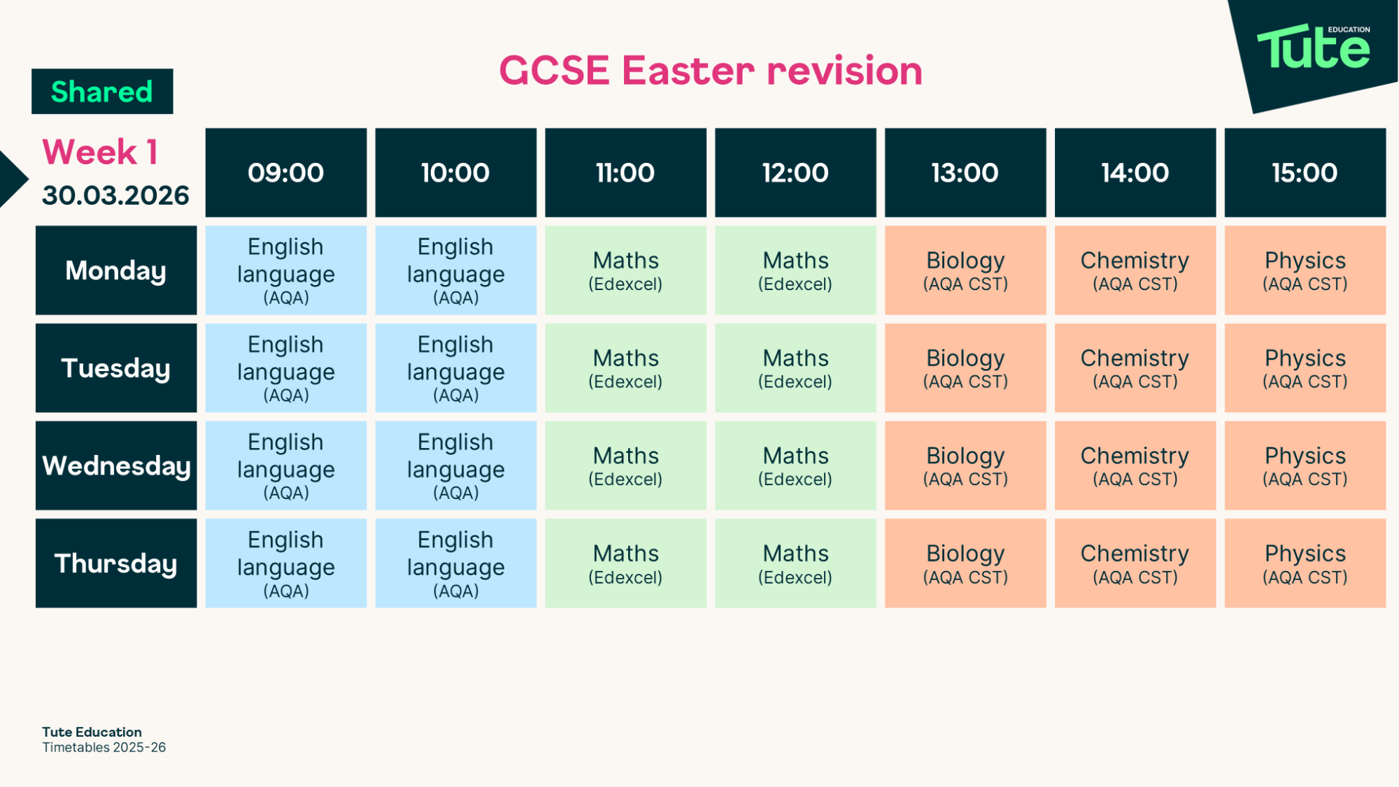 Week 1 timetable 